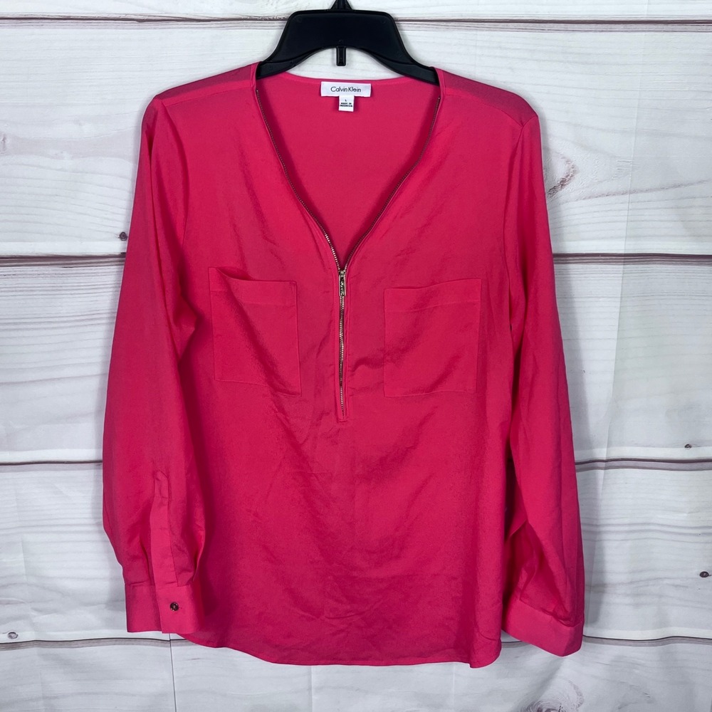 Calvin Klein Top Womens L Orange 1/2 Zip Blouse V-Neck Pockets Utility Solid